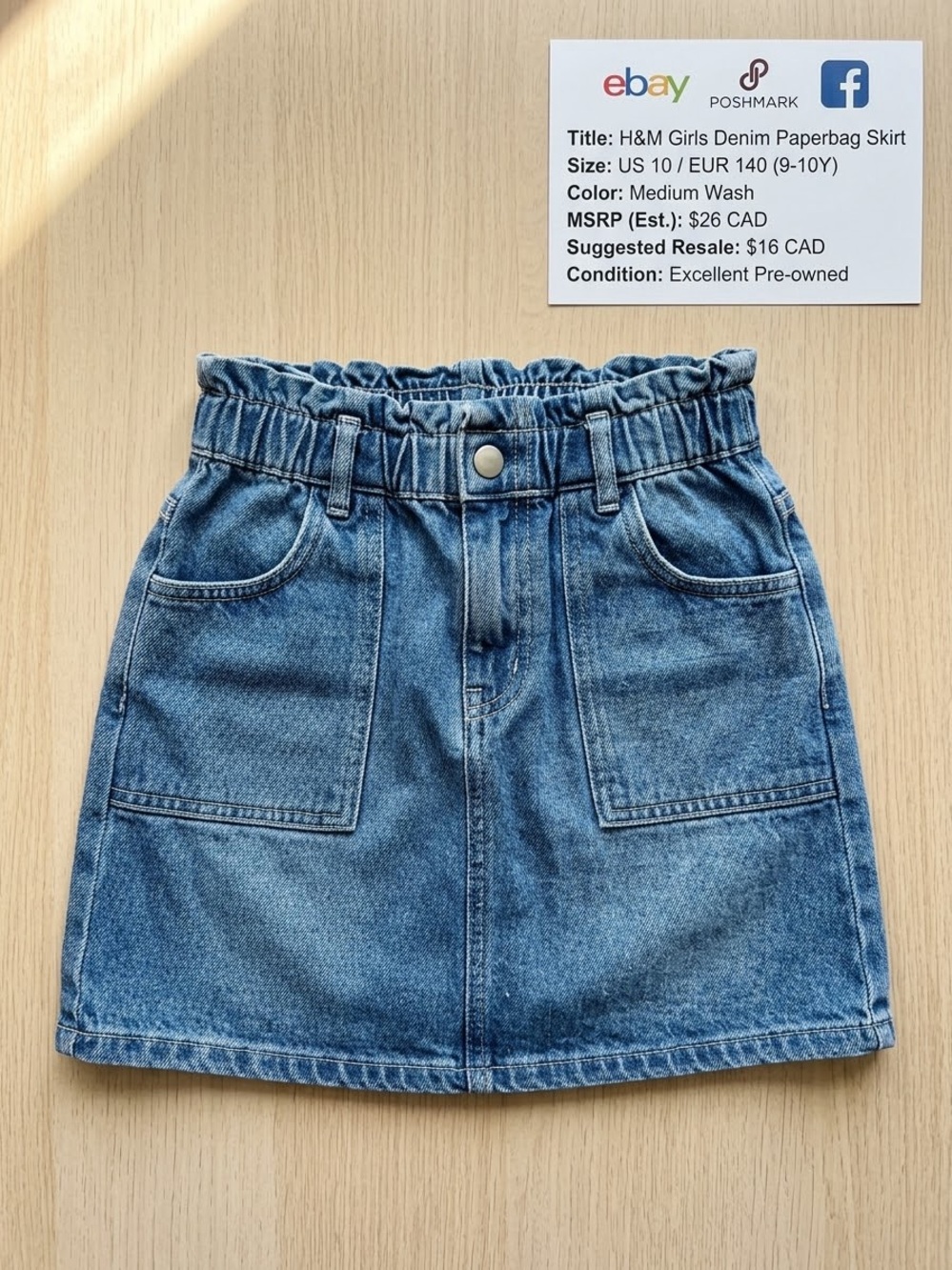 H&M Girls Denim Paperbag Skirt in Medium Blue Wash